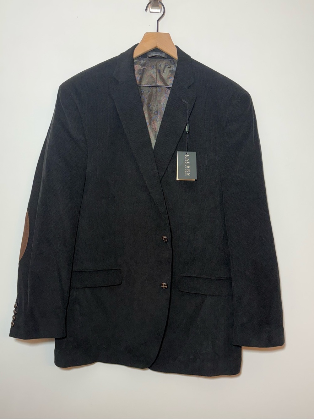 Lauren Ralph Lauren Mens Corduroy Sport Coat Blazer Size 46L Black Elbow Patches